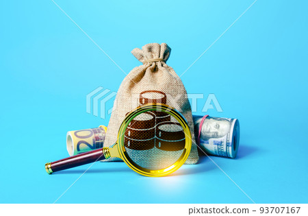 Bag with money and magnifying glass. Investigating capital origins. Deposit or loan terms and conditions. Anti money laundering, tax evasion. Find investment funds for business project. Bag with money and magnifying glass. Investigating capital origins. Deposit or loan terms and conditions. Anti money laundering, tax evasion. Find investment funds for business project. 93707167