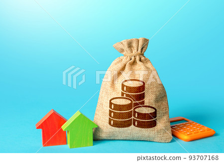 Bag with money and small houses. Bank offer of mortgage loan. Property appraisal, realtor services. Investments in real estate. Sale of housing. Buy. Rental business. Fair market price Bag with money and small houses. Bank offer of mortgage loan. Property appraisal, realtor services. Investments in real estate. Sale of housing. Buy. Rental business. Fair market price 93707168