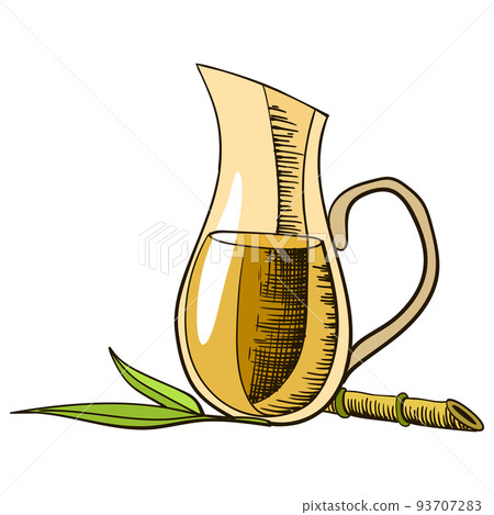 Cane sugar. Product from sugarcane plant. Engraving hand drawn natural organic food or natural ingredient. Fresh squeezed sugarcane in glass Cane sugar. Product from sugarcane plant. Engraving hand drawn natural organic food or natural ingredient. Fresh squeezed sugarcane in glass 93707283