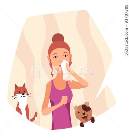 Allergic reactions concept. Symptoms of disease. Woman with hypersensitivity and reaction of immune system. Female neezes or blows nose in handkerchief Allergic reactions concept. Symptoms of disease. Woman with hypersensitivity and reaction of immune system. Female neezes or blows nose in handkerchief 93707289