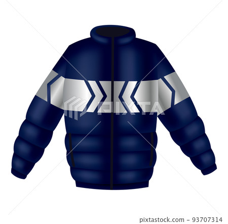Workwear uniform element. Blue jacket with long sleeves, pocket and reflective band as uniform. Protective clothing or safety equipment. Construction workers clothing, uniform mockup 93707314