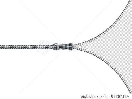 Zipper open background. Half opened flat isolated metalic zipper on transparent background. Accessory or clothes element. Vector design illustration Zipper open background. Half opened flat isolated metalic zipper on transparent background. Accessory or clothes element. Vector design illustration 93707319