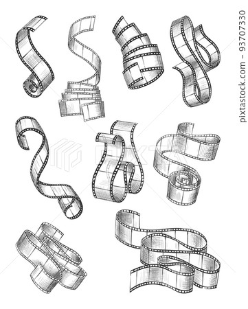 Film strip collection. Set of different empty film strip tape with shaddow for projection, movie and cinema design. Vector monochrome elements isolated on white background 93707330