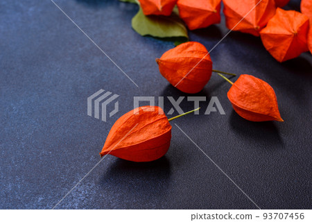 Beautiful orange buds of cape gooseberry on a dark concrete background Beautiful orange buds of cape gooseberry on a dark concrete background 93707456