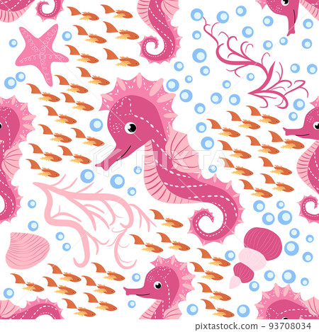 Seahorse and starfish seamless pattern. Sea life summer background. Cute sea life. Design for fabric and decor Seahorse and starfish seamless pattern. Sea life summer background. Cute sea life. Design for fabric and decor 93708034