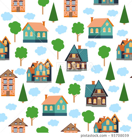 Seamless pattern of different colorful houses. 93708039