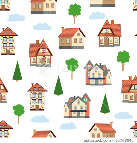 Seamless pattern of different colorful houses. 93708043