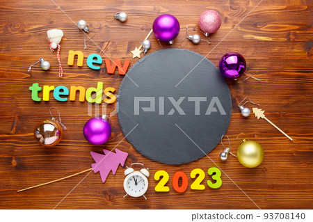 Merry Christmas new trends 2023 background decorations. Festive Xmas and New Year concept. Copy space Merry Christmas new trends 2023 background decorations. Festive Xmas and New Year concept. Copy space 93708140