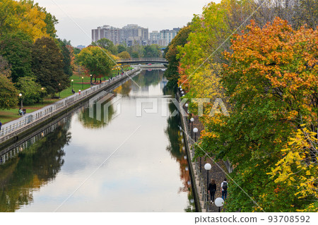 Autumn red leaves scenery in Ottawa, Ontario, Canada. Fall foliage in Rideau Canal Western Pathway. Autumn red leaves scenery in Ottawa, Ontario, Canada. Fall foliage in Rideau Canal Western Pathway. 93708592