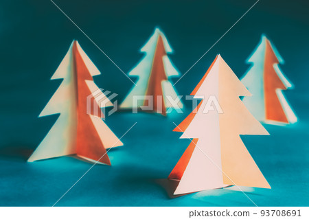 Eco Concept Christmas Trees Made From Paper. Winter Holiday Card. Simple Minimalist Paper Decorations. White Pines Spruces Fir-trees. Hand Crafted Paper Pines Woods Trees 93708691