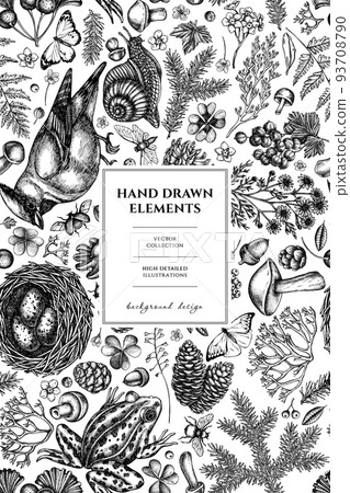 Mysterious forest pattern card design. Hand drawn waxwing, snail, nest, pool frog, moss, spruce branch, pine cones, chamomile, insect, aspen mushroom, red currant, oak, ginkgo, rowan, forget me not 93708790