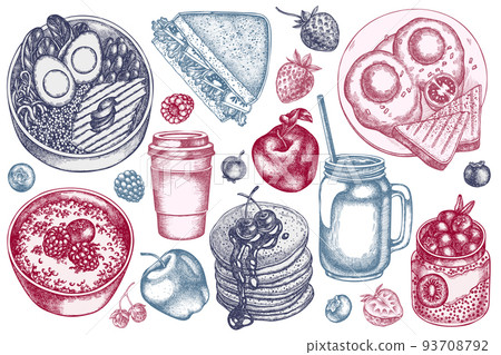 Breakfast hand drawn vector illustrations collection. Stylized sandwich, pancakes, bowl with avocado, porridge with berries, chia pudding, fried eggs, raspberry, blueberry, strawberry, apples, paper 93708792