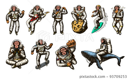 Monkey astronaut with whale, guitar, skateboard and moon. Chimpanzee spaceman cosmonaut characters 93709253