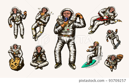 Monkey astronaut with whale, guitar, skateboard and moon. Chimpanzee spaceman cosmonaut characters 93709257