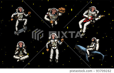 Monkey astronaut with whale, guitar, skateboard and moon. Chimpanzee spaceman cosmonaut characters 93709282