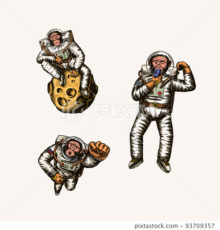 Monkey astronaut with whale, guitar, skateboard and moon. Chimpanzee spaceman cosmonaut characters 93709357