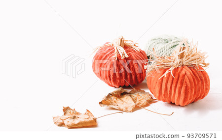 Autumn composition. Hand-stitched pumpkins and autumn leaves. Place for text Autumn composition. Hand-stitched pumpkins and autumn leaves. Place for text 93709571
