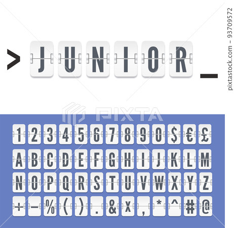 White airport mechanical flip scoreboard terminal alphabet font to display flight timetable and destination, arrival or departure info. Vector illustration of junior programmer sign White airport mechanical flip scoreboard terminal alphabet font to display flight timetable and destination, arrival or departure info. Vector illustration of junior programmer sign 93709572