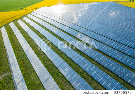 Solar power plant on the green field and yellow far away. Production of clean, cheap and green energy, aerial view Solar power plant on the green field and yellow far away. Production of clean, cheap and green energy, aerial view 93709573