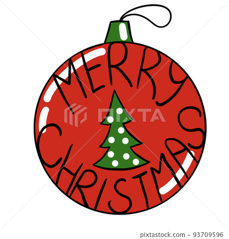 Hand drawn illustration of red Christmas ornament, bright new year winter hanging ball, December decor with tree. Party holiday celebration isolated sticker. Hand drawn illustration of red Christmas ornament, bright new year winter hanging ball, December decor with tree. Party holiday celebration isolated sticker. 93709596