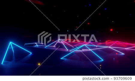Neon linear lamps with gradient glow of red-blue color over a low poly surface onto which luminous multi-colored balls fall. Abstract dark creative background with neon light. Neon lamps 93709609