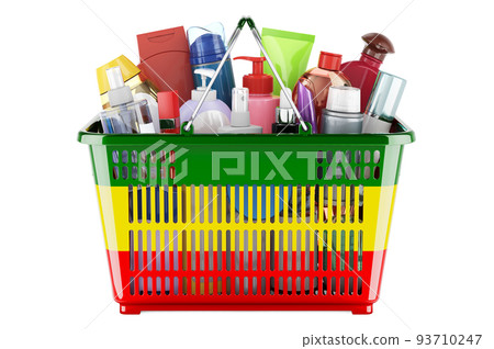 Shopping basket with Rastafarian flag full of cosmetic bottles, hair, facial skin and body care products. 3D rendering 93710247