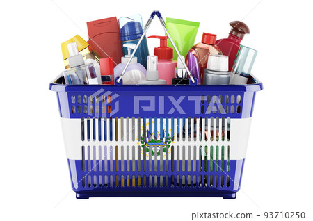 Shopping basket with Salvadoran flag full of cosmetic bottles, hair, facial skin and body care products. 3D rendering Shopping basket with Salvadoran flag full of cosmetic bottles, hair, facial skin and body care products. 3D rendering 93710250