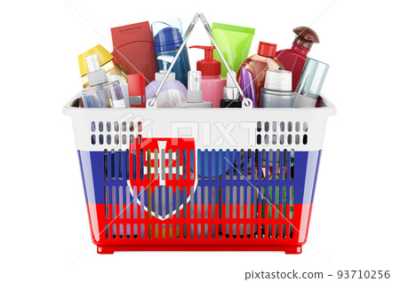 Shopping basket with Slovak flag full of cosmetic bottles, hair, facial skin and body care products. 3D rendering Shopping basket with Slovak flag full of cosmetic bottles, hair, facial skin and body care products. 3D rendering 93710256