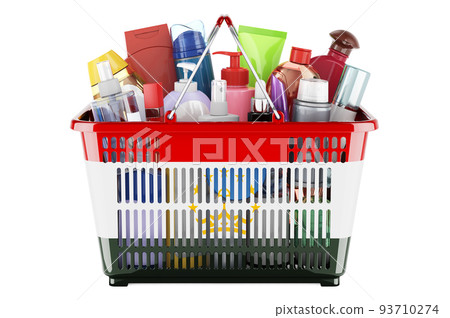 Shopping basket with Tajik flag full of cosmetic bottles, hair, facial skin and body care products. 3D rendering Shopping basket with Tajik flag full of cosmetic bottles, hair, facial skin and body care products. 3D rendering 93710274