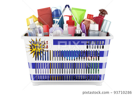 Shopping basket with Uruguayan flag full of cosmetic bottles, hair, facial skin and body care products. 3D rendering 93710286