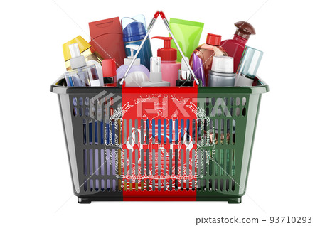 Shopping basket with Afghan flag full of cosmetic bottles, hair, facial skin and body care products. 3D rendering 93710293