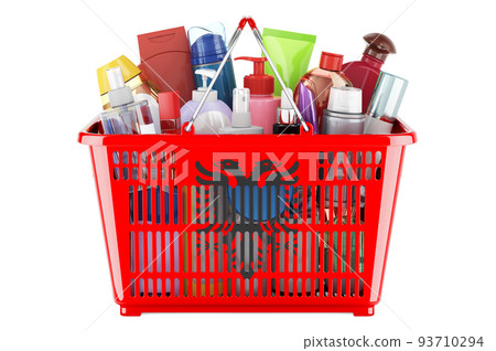 Shopping basket with Albanian flag full of cosmetic bottles, hair, facial skin and body care products. 3D rendering 93710294
