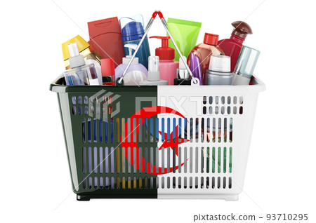 Shopping basket with Algerian flag full of cosmetic bottles, hair, facial skin and body care products. 3D rendering 93710295