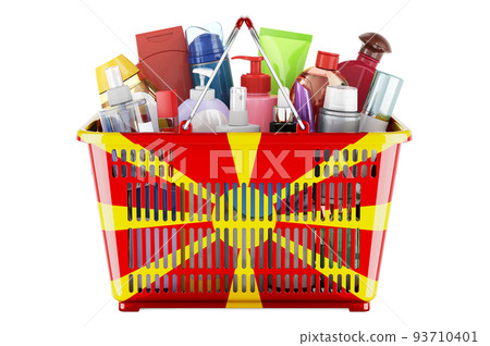 Shopping basket with Macedonian flag full of cosmetic bottles, hair, facial skin and body care products. 3D rendering Shopping basket with Macedonian flag full of cosmetic bottles, hair, facial skin and body care products. 3D rendering 93710401