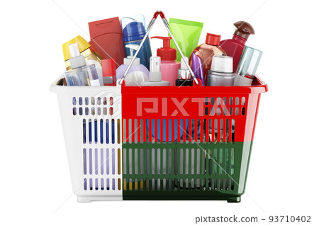 Shopping basket with Madagascar flag full of cosmetic bottles, hair, facial skin and body care products. 3D rendering Shopping basket with Madagascar flag full of cosmetic bottles, hair, facial skin and body care products. 3D rendering 93710402