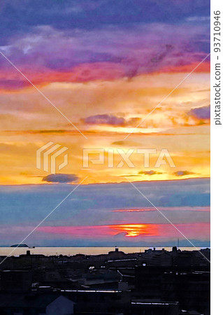 “日落”和“新幹線”水彩風格設置在瀨戶內的張灘海 “日落”和“新幹線”水彩風格設置在瀨戶內的張灘海 93710946