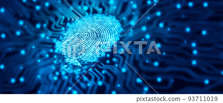 Future security technology. Fingerprint scan provides security access with binary code on deep blue colour background. Fingerprint Security Concept. 3D Render. 93711019
