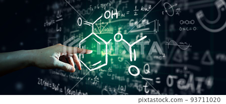 Hand on science formula and math equation abstract black board background. Mathematic or Chemistry education, Artificial intelligence Concept. 93711020