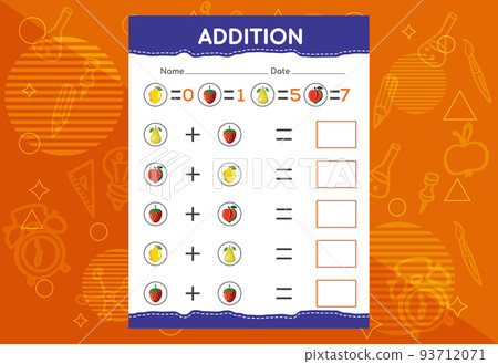 Addition with different fruits for kids. An educational worksheet for kids. Vector design 93712071