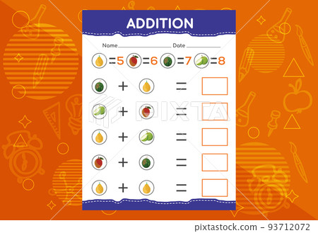 Addition with different fruits for kids. An educational worksheet for kids. Vector design Addition with different fruits for kids. An educational worksheet for kids. Vector design 93712072
