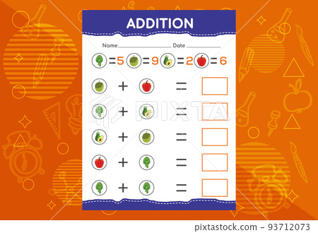 Addition with different fruits for kids. An educational worksheet for kids. Vector design Addition with different fruits for kids. An educational worksheet for kids. Vector design 93712073