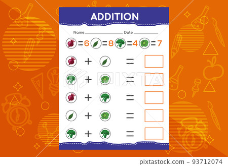 Addition with different fruits for kids. An educational worksheet for kids. Vector design Addition with different fruits for kids. An educational worksheet for kids. Vector design 93712074
