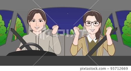 A man and a woman are riding in a car at night 93712669