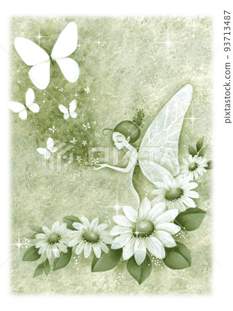 花、仙子和蝴蝶手繪插圖綠色 93713487