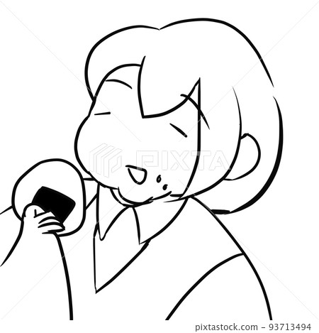 Illustration of a plump woman eating rice balls deliciously monochrome Illustration of a plump woman eating rice balls deliciously monochrome 93713494