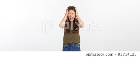 Isolated shot of speechless concerned shocked and angry woman, expressing silence and misconceptions, frightened. Isolated over grey background 93714123