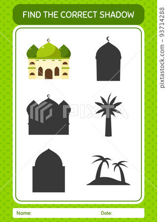 Find the correct shadows game with mosque. worksheet for preschool kids, kids activity sheet 93714288