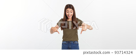 Beautiful young elegant woman over isolated background pointing hand and fingers with sad expression. Beautiful young elegant woman over isolated background pointing hand and fingers with sad expression. 93714324