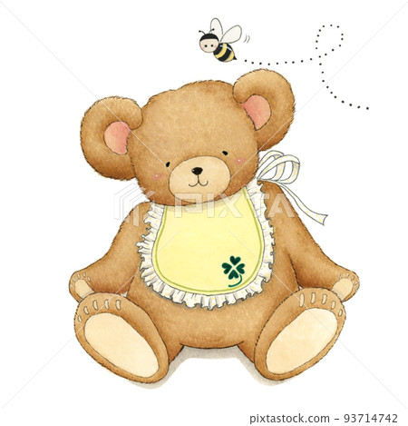 一隻穿著圍裙和蜜蜂手繪插圖的可愛泰迪熊 93714742