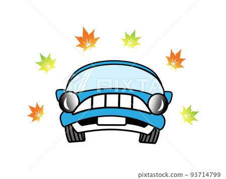 Illustration material of a comical blue car (coupe) surrounded by autumn leaves 93714799